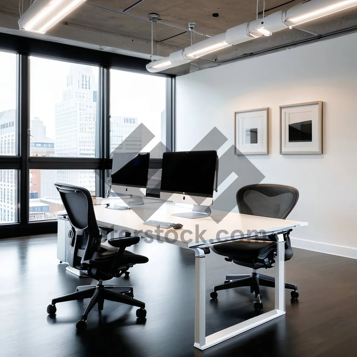Picture of Modern luxury office interior with wood furniture and lamp