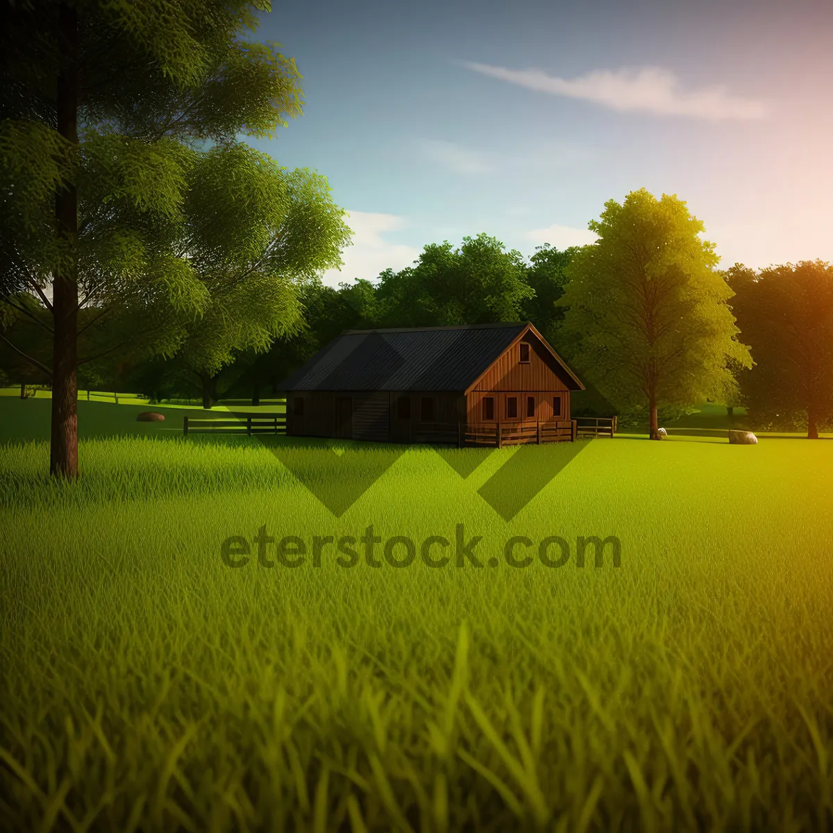 Picture of Rural Barn Surrounded by Lush Green Fields