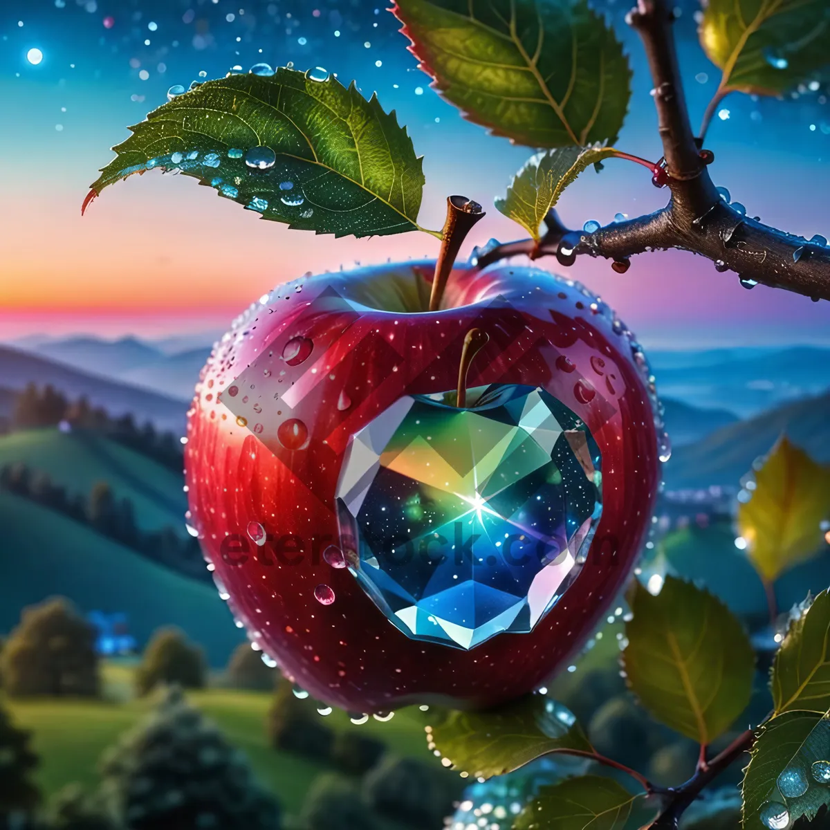 Picture of Shiny Apple Ornament on Winter Tree Branch