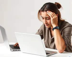 happy businesswoman working on laptop in office