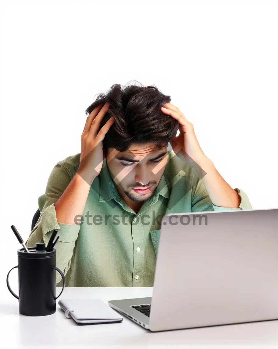 Picture of Attractive brunette businesswoman with laptop in office smiling