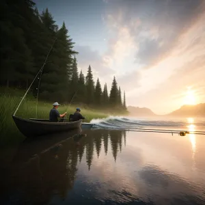 Serene Sunset on Calm Lake with Kayak