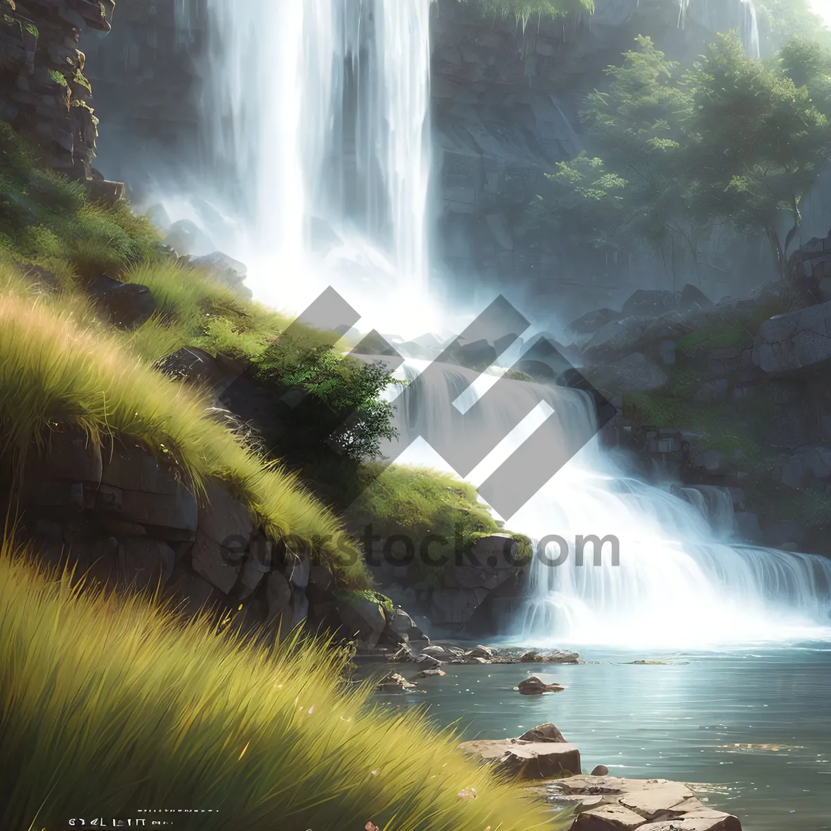 Picture of Serene Cascading Waters amidst Lush Forest Landscape