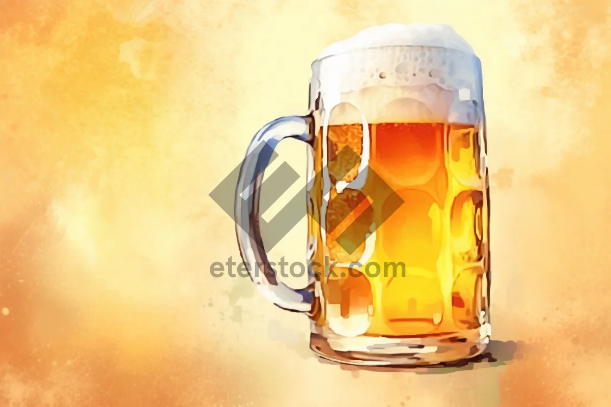 Picture of Golden frothy beer in clear glass mug.