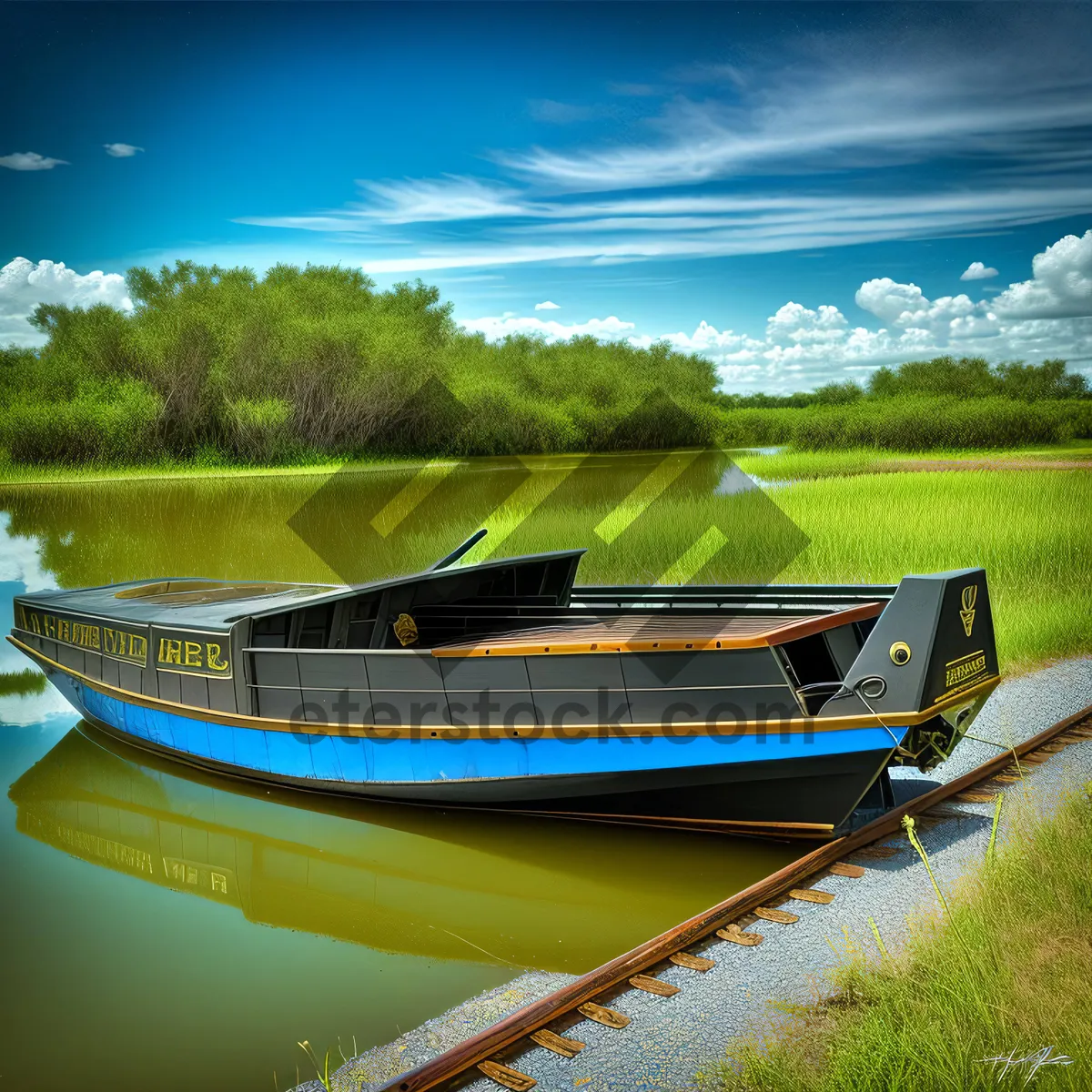 Picture of Serene Summer Lake Reflection - Boat on Water