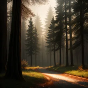 Autumn Woods Sunrise: A Serene Path Through Misty Forest