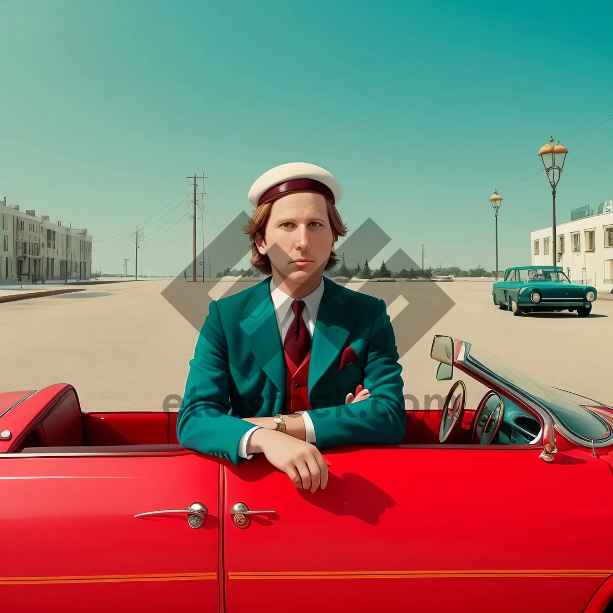 Picture of Professional businessman sitting in convertible car with laptop