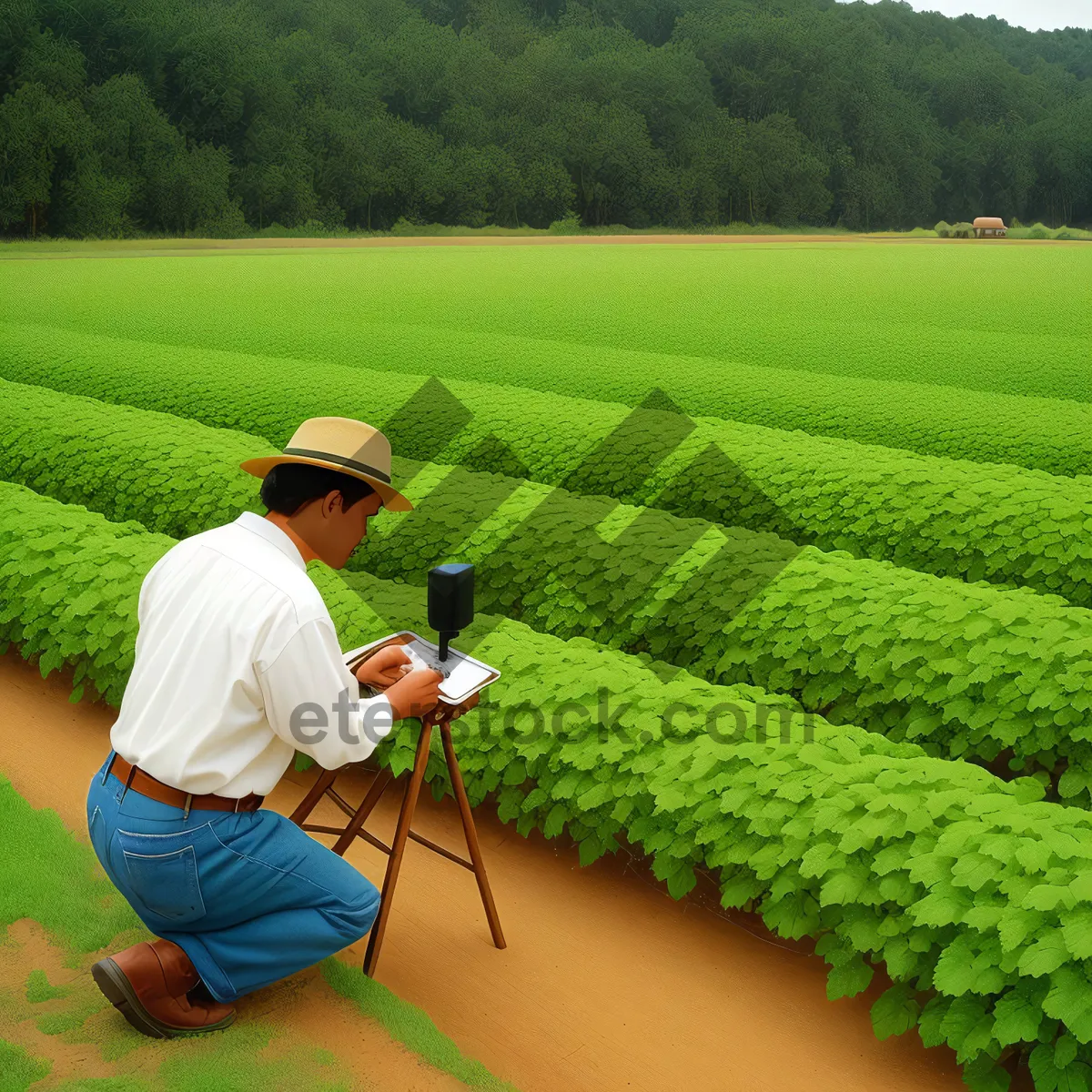 Picture of Rural Ramie Field with Farmer in Summer Landscape