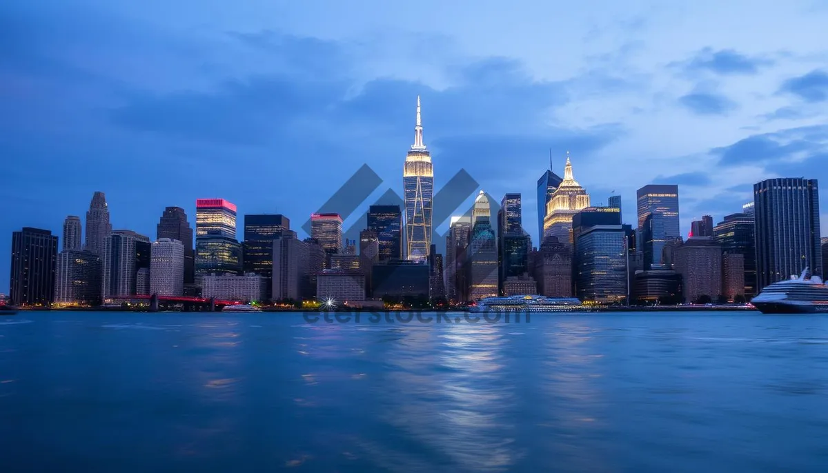 Picture of Modern office tower reflecting in city river at sunset.