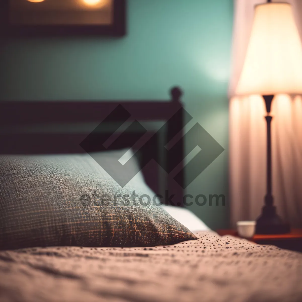 Picture of Nighttime Cozy Bedroom with Modern Table Lamp