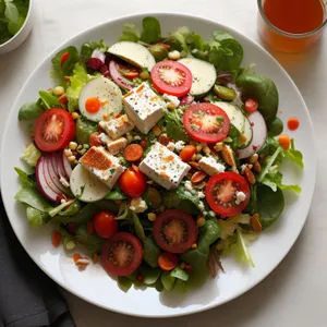 Fresh gourmet salad with cheese and vegetables.