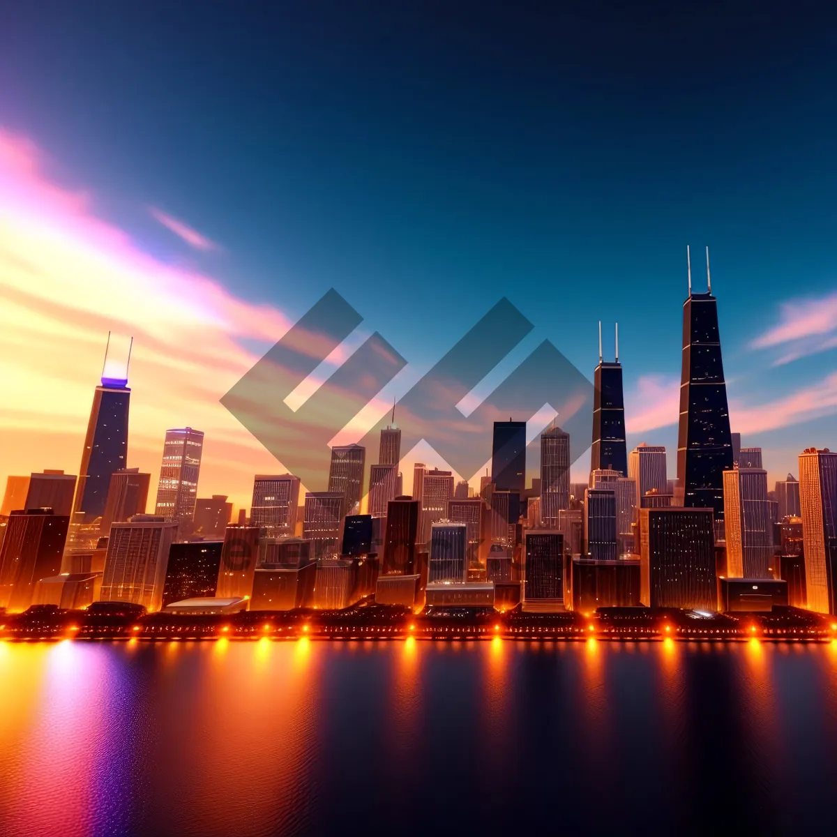 Picture of City at Night: Waterfront Skyscrapers Reflecting on River