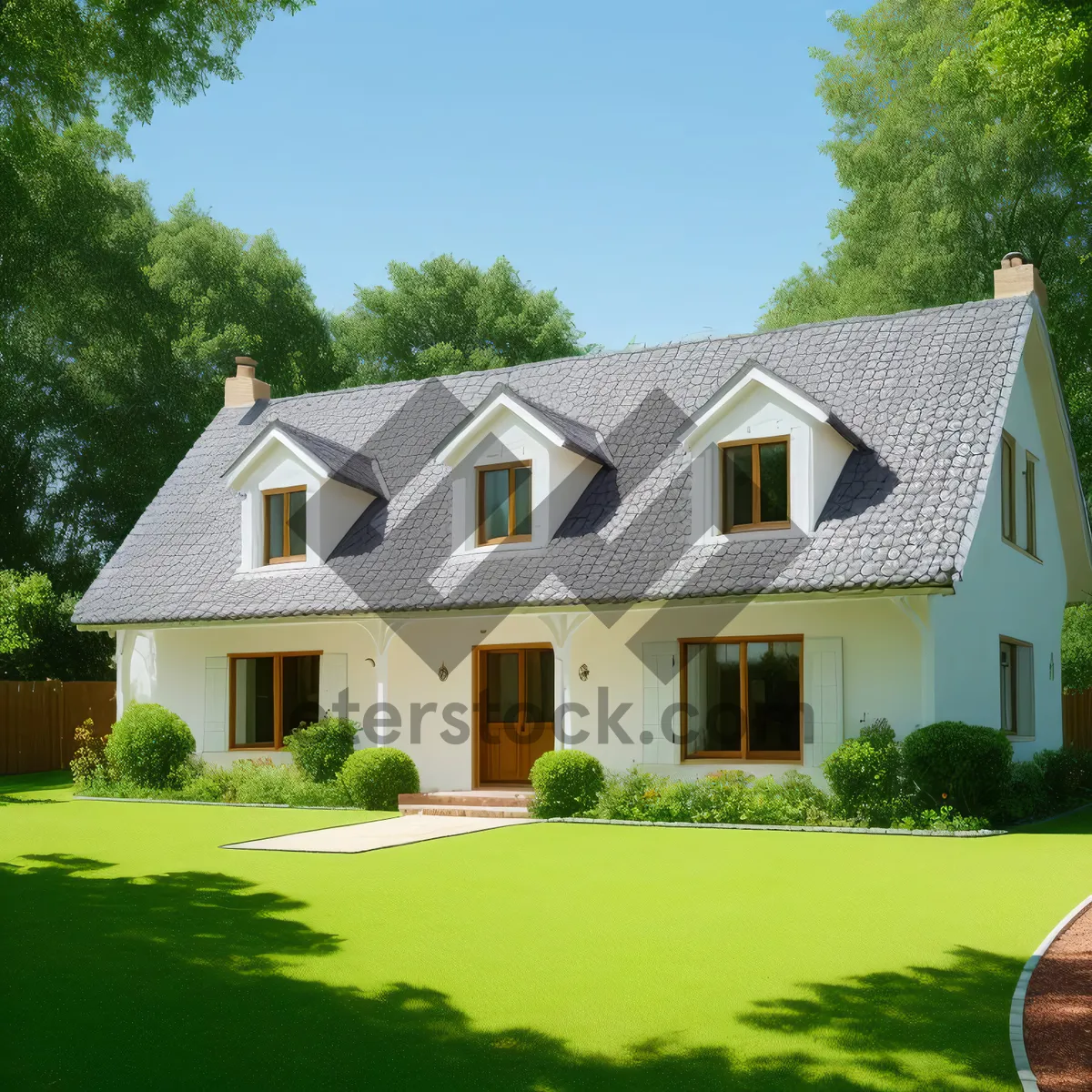 Picture of Modern brick house with lush landscaping and garage.