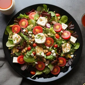 Delicious Vegetarian Salad with Feta Cheese and Olives.