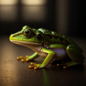 Green-eyed Tree Frog perched on tree branch.