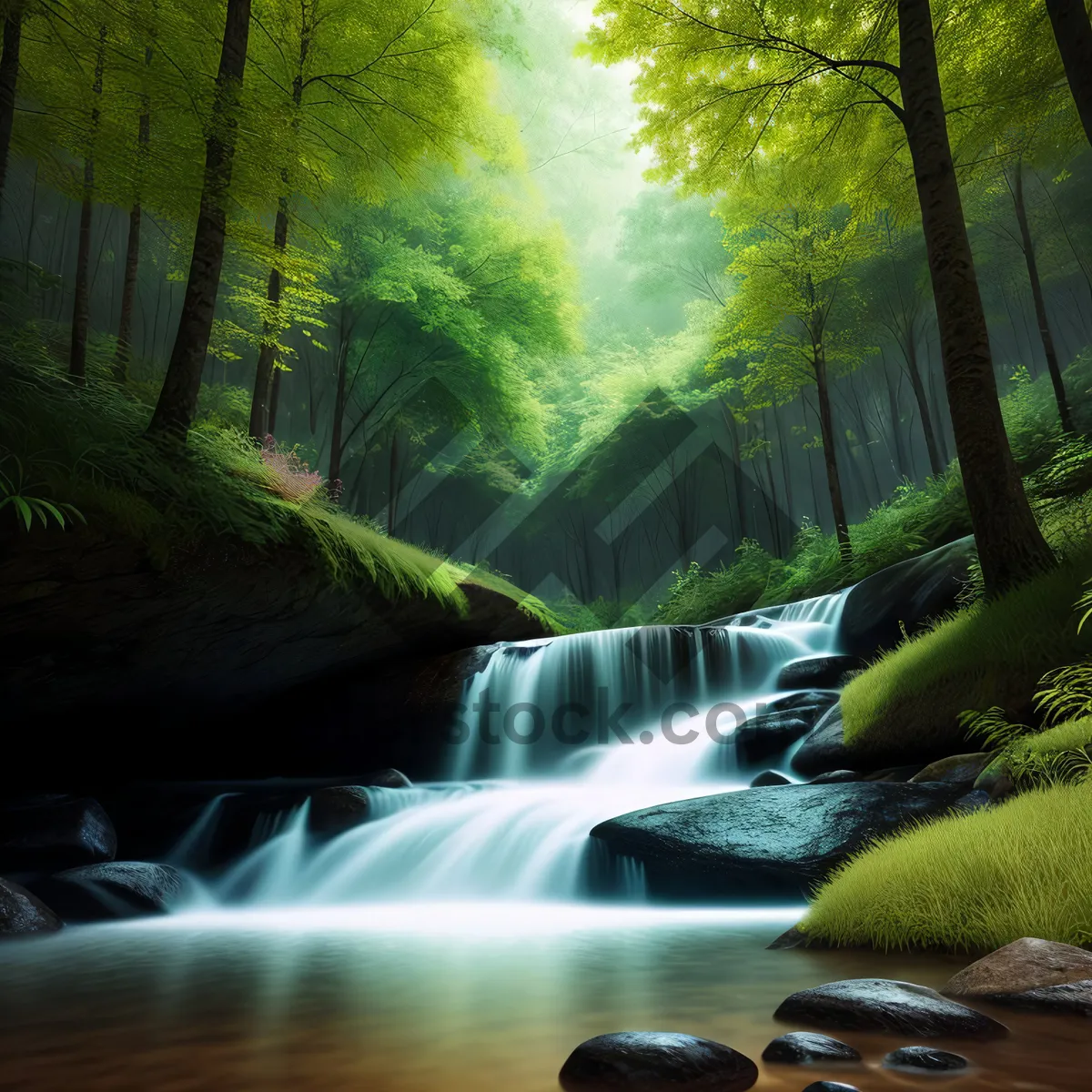Picture of Tranquil Forest Stream Flowing Through Vibrant Landscape