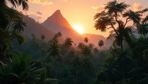 Silhouette palm tree sunset on tropical beach skyline.