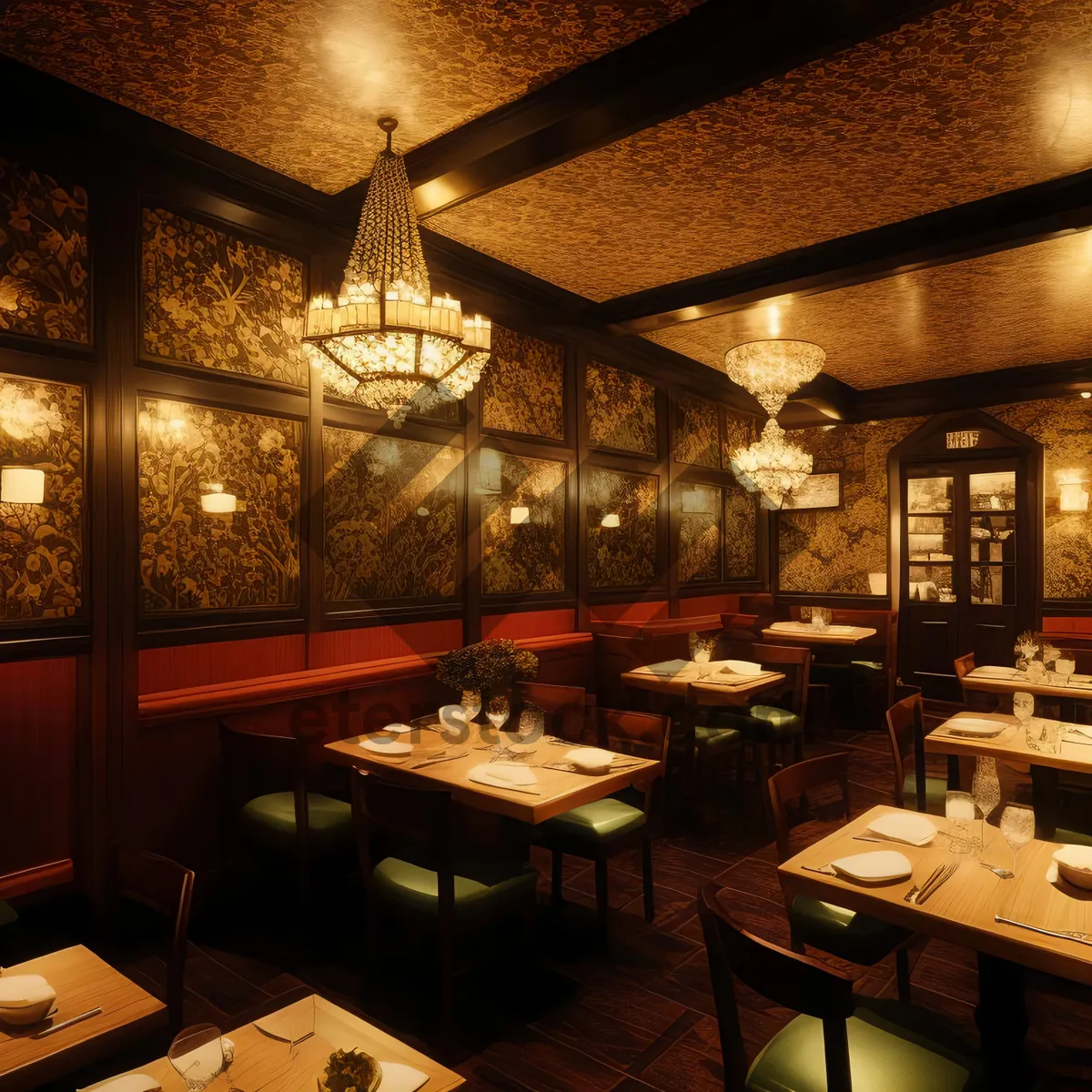 Picture of Modern Cafeteria Interior Design with Wood Tables and Chairs.
