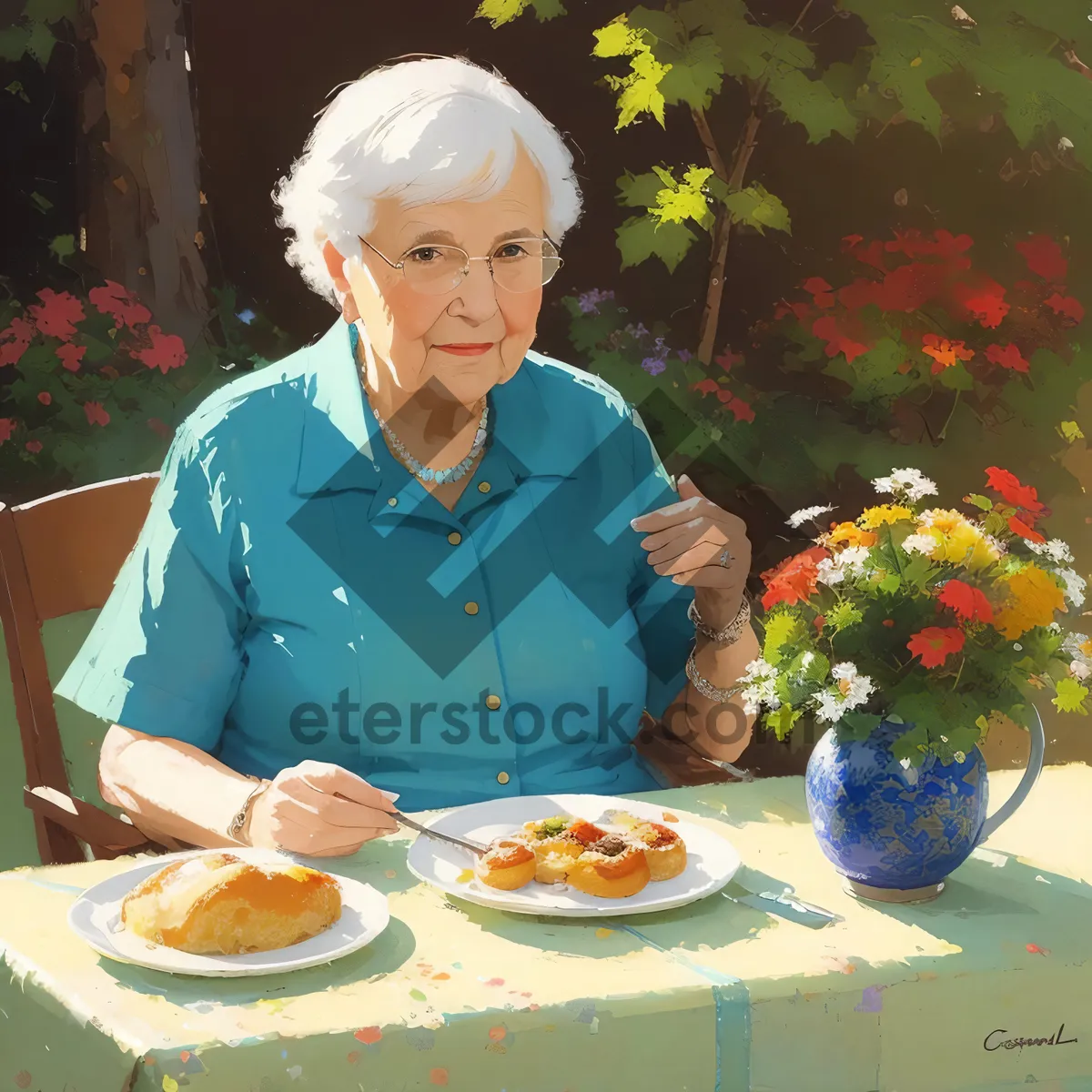 Picture of Happy couple enjoying home-cooked meal with grandma