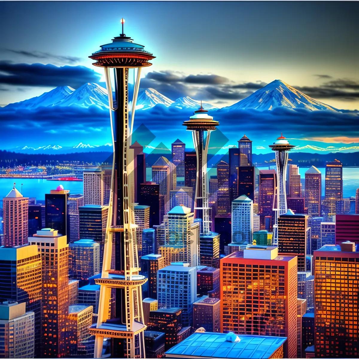 Picture of Nighttime Waterfront Skyline Reflecting City Lights