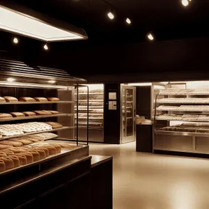 Modern Bakery Interior with Luxurious Wood-Finished Counters