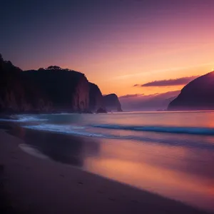 Serene Sunset over Ocean's Coastal Landscape