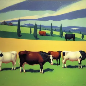 Serene rural landscape with grazing horses and cows