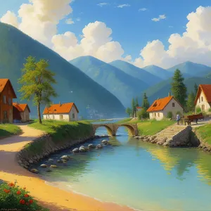 Mountain resort with sky reflection in lake