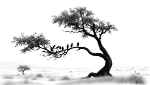 Silhouette of a solitary oak tree in summer forest.