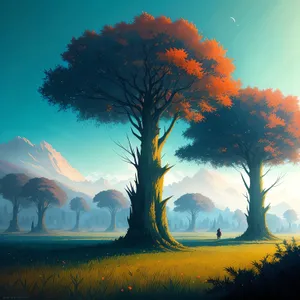 Vibrant Sunset over Meadow and Trees