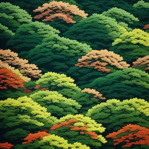 Mountain park landscape with summer flowers and trees.