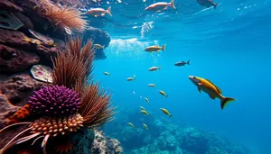 Colorful tropical fish swimming in bright underwater sunlight.