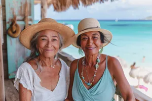 Happy couple on tropical beach wearing cowboy hat in summer.