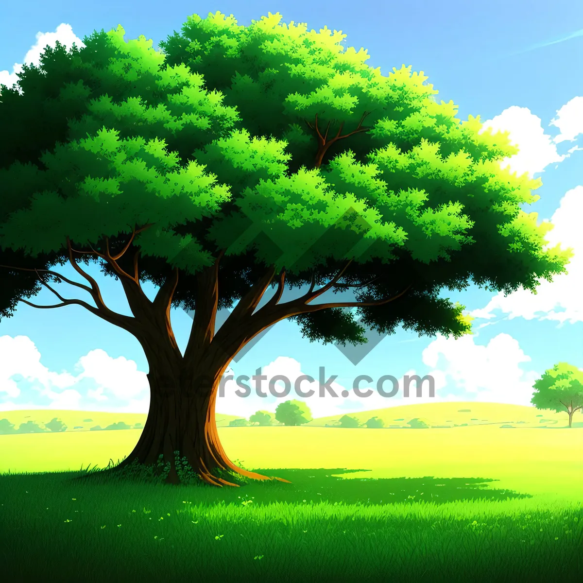 Picture of Serene Summer Horizon: Oak Tree in Grassland