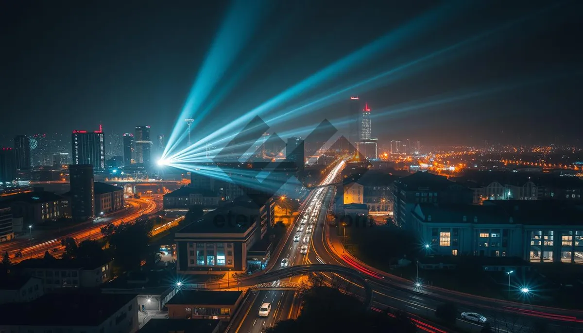 Picture of Nighttime city traffic on illuminated highway bridge