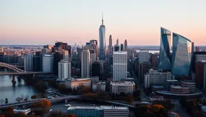 Modern city skyline at dusk with high buildings.