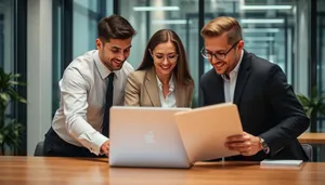 Happy man working on laptop in modern office