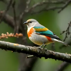 Colorful Finch perched on tree branch in garden