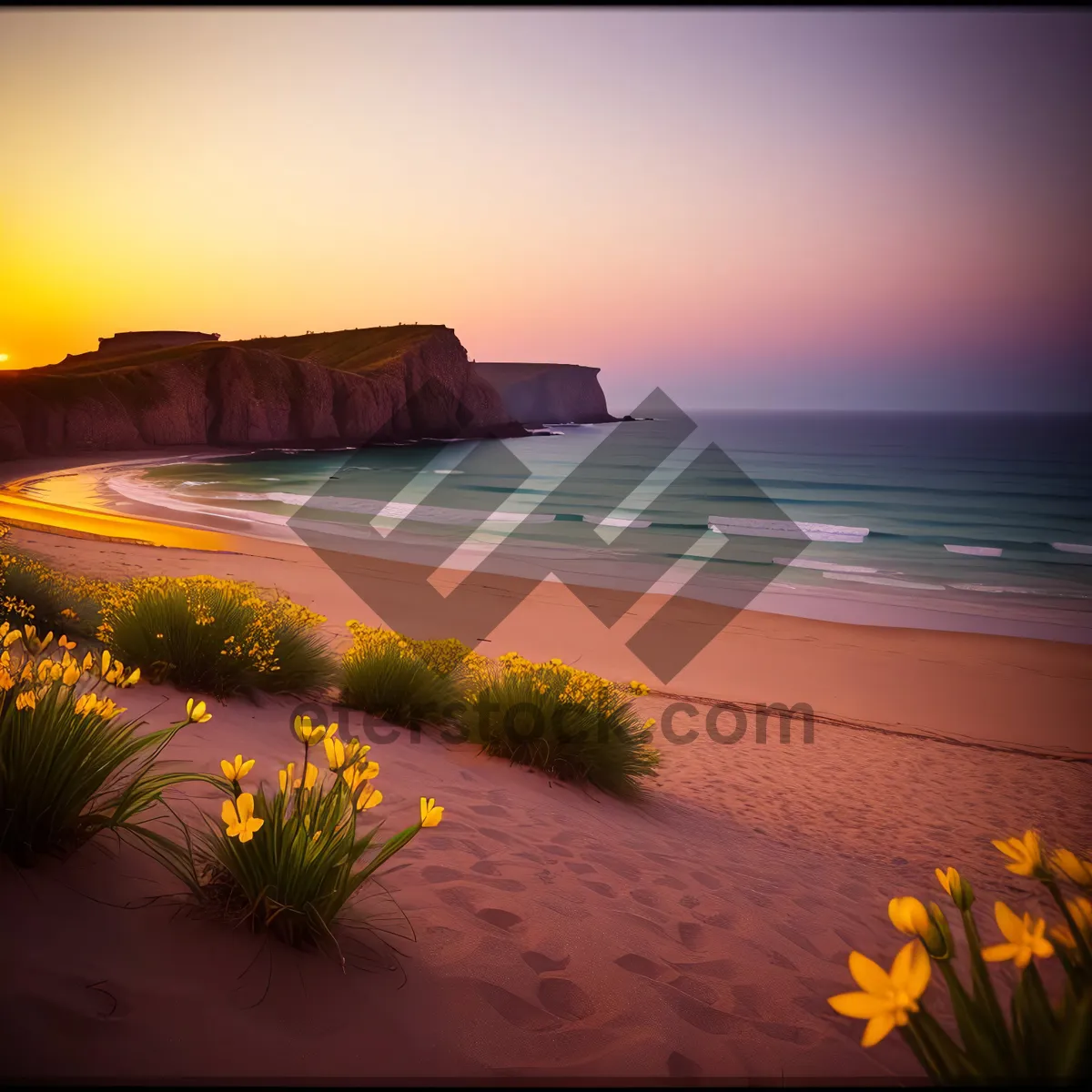 Picture of Golden Sunset Over Tranquil Ocean Horizon