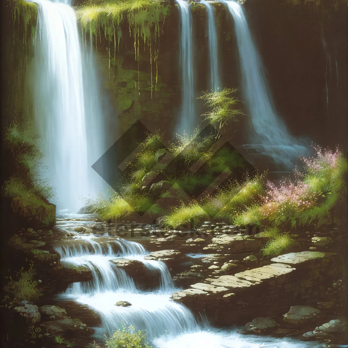 Picture of Serene Cascading Waterfall in Forest Landscape