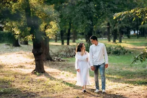 Happy couple in park - love and happiness together