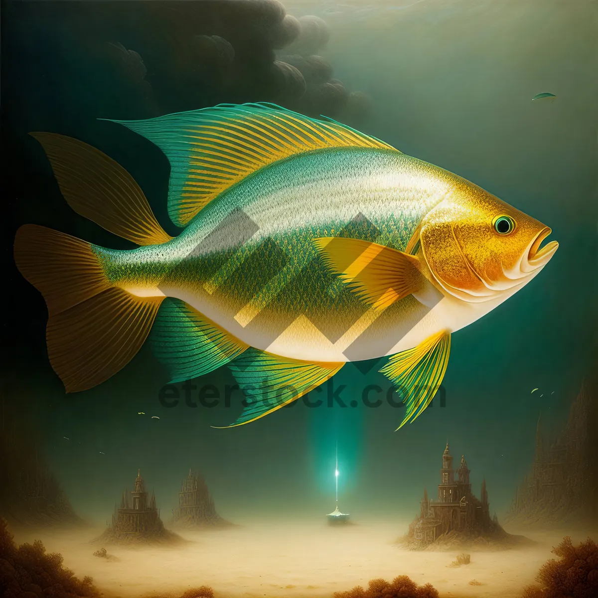 Picture of Golden Exotic Fish Swimming in Underwater Aquarium