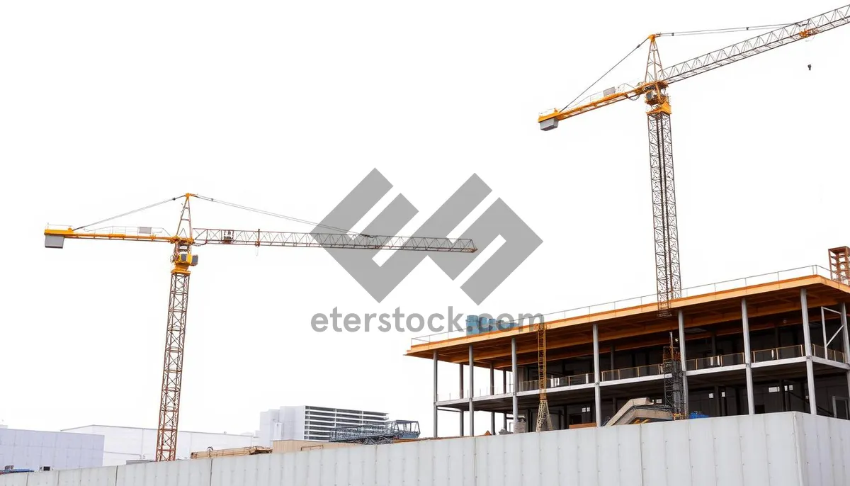 Picture of Industrial Crane Hoisting Steel Beams on Construction Site.