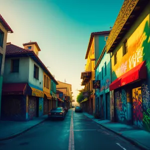 Old Town Street in Urban City with Architectural Buildings and Blue Sky