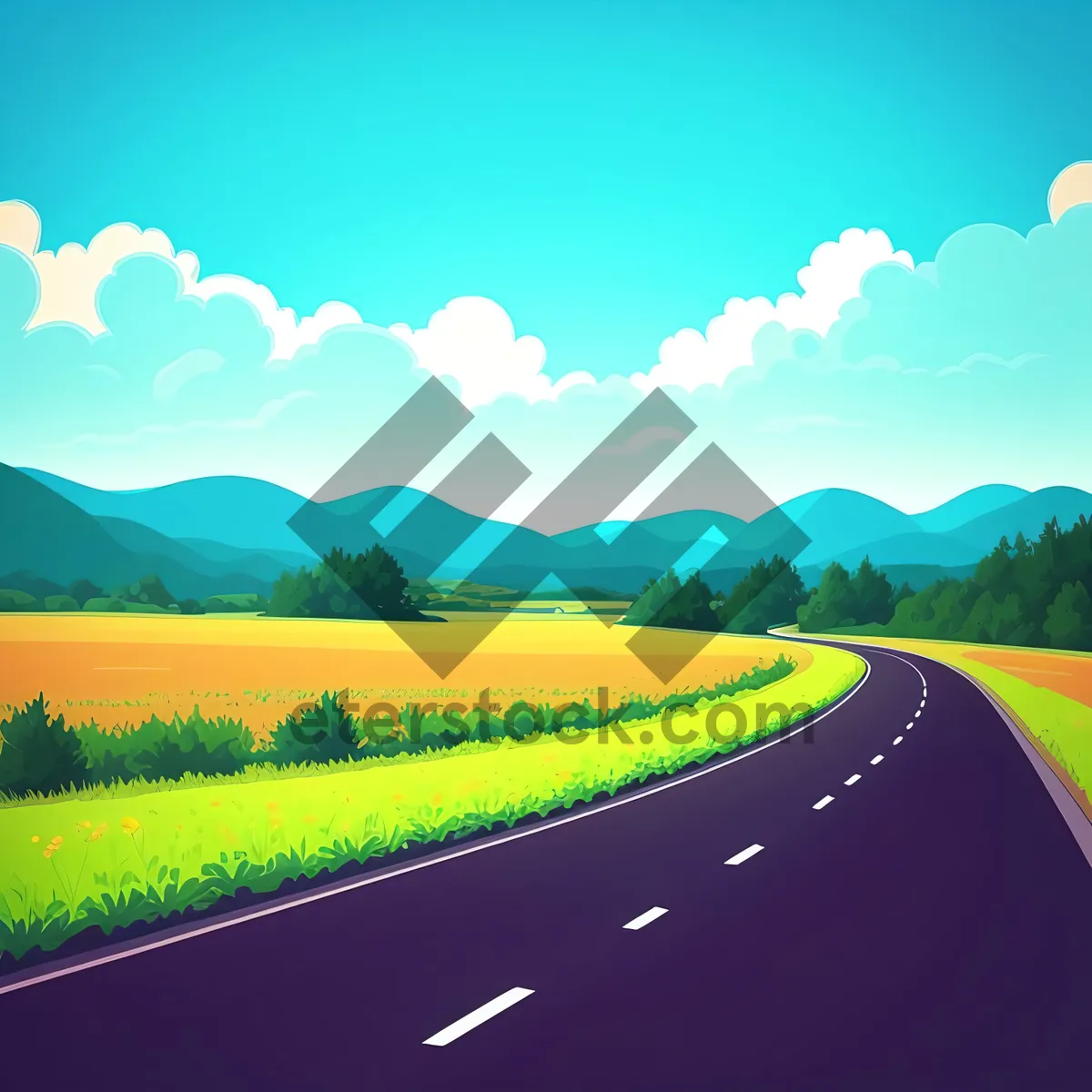 Picture of Rural Horizon: Sunny Grassland Field with Asphalt Road