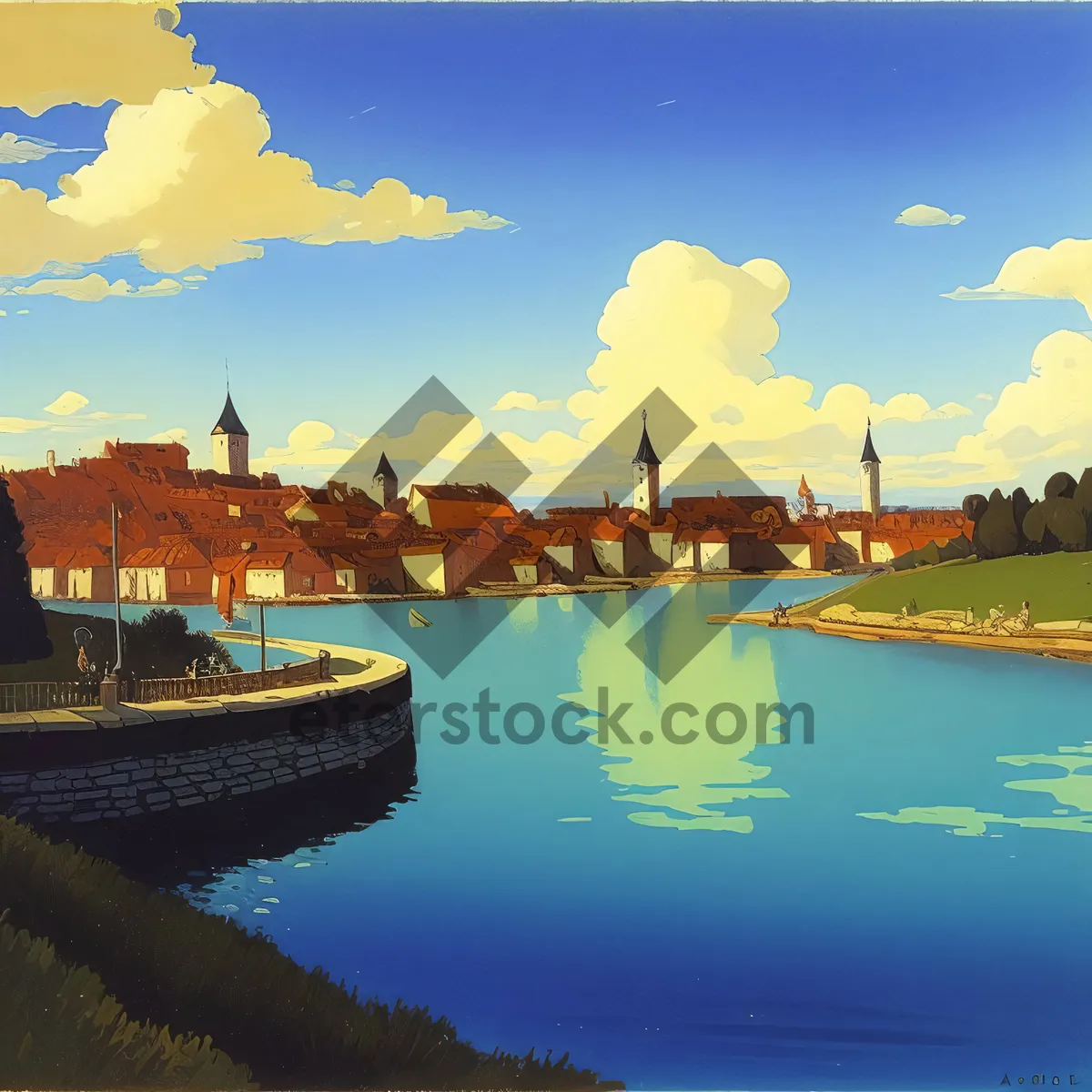 Picture of Cityscape skyline at sunset with waterfront reflection.