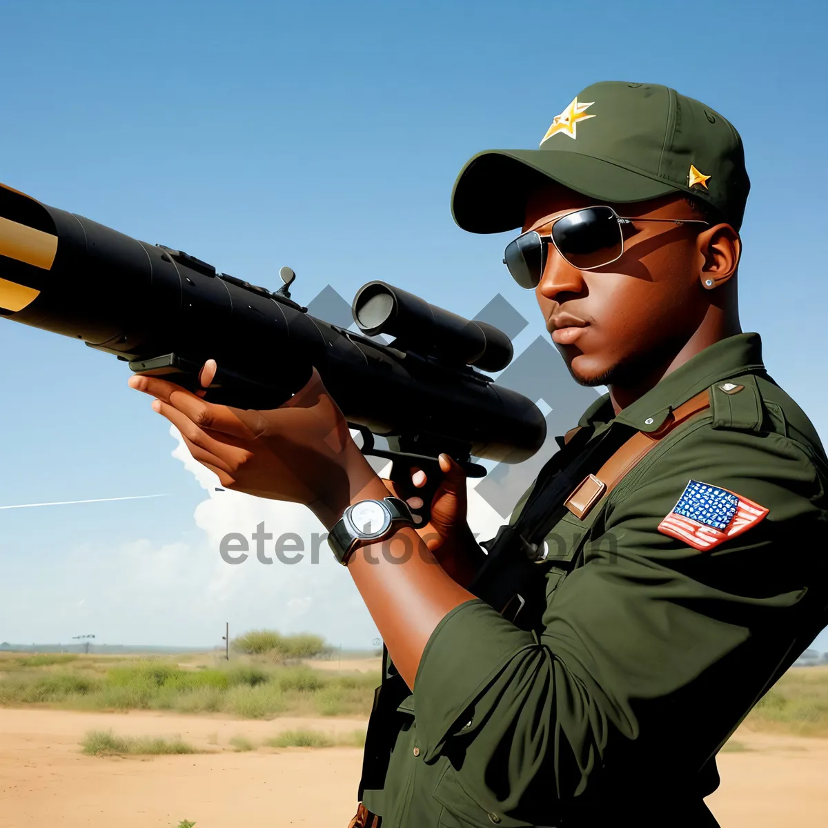 Picture of Male Aviator with Bazooka Launcher in Military Uniform