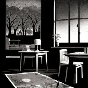 Modern wooden table with comfortable chairs in classroom.