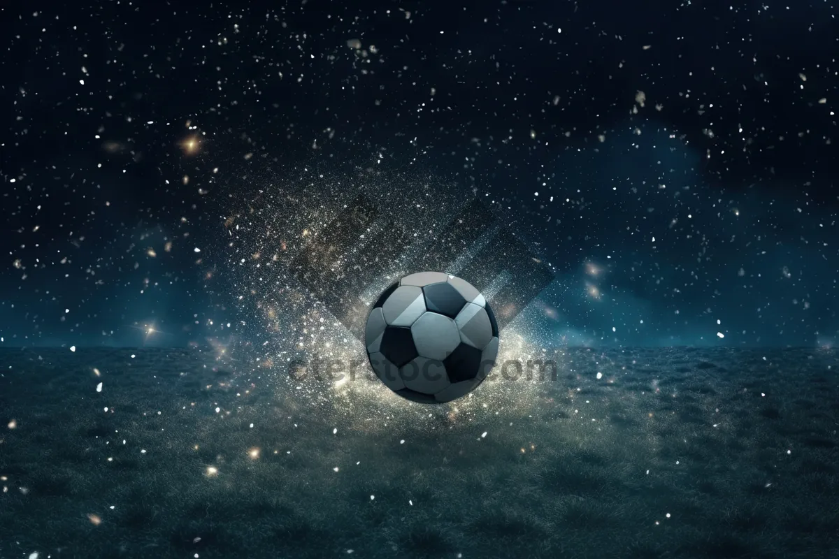 Picture of Black soccer ball shooting towards celestial body