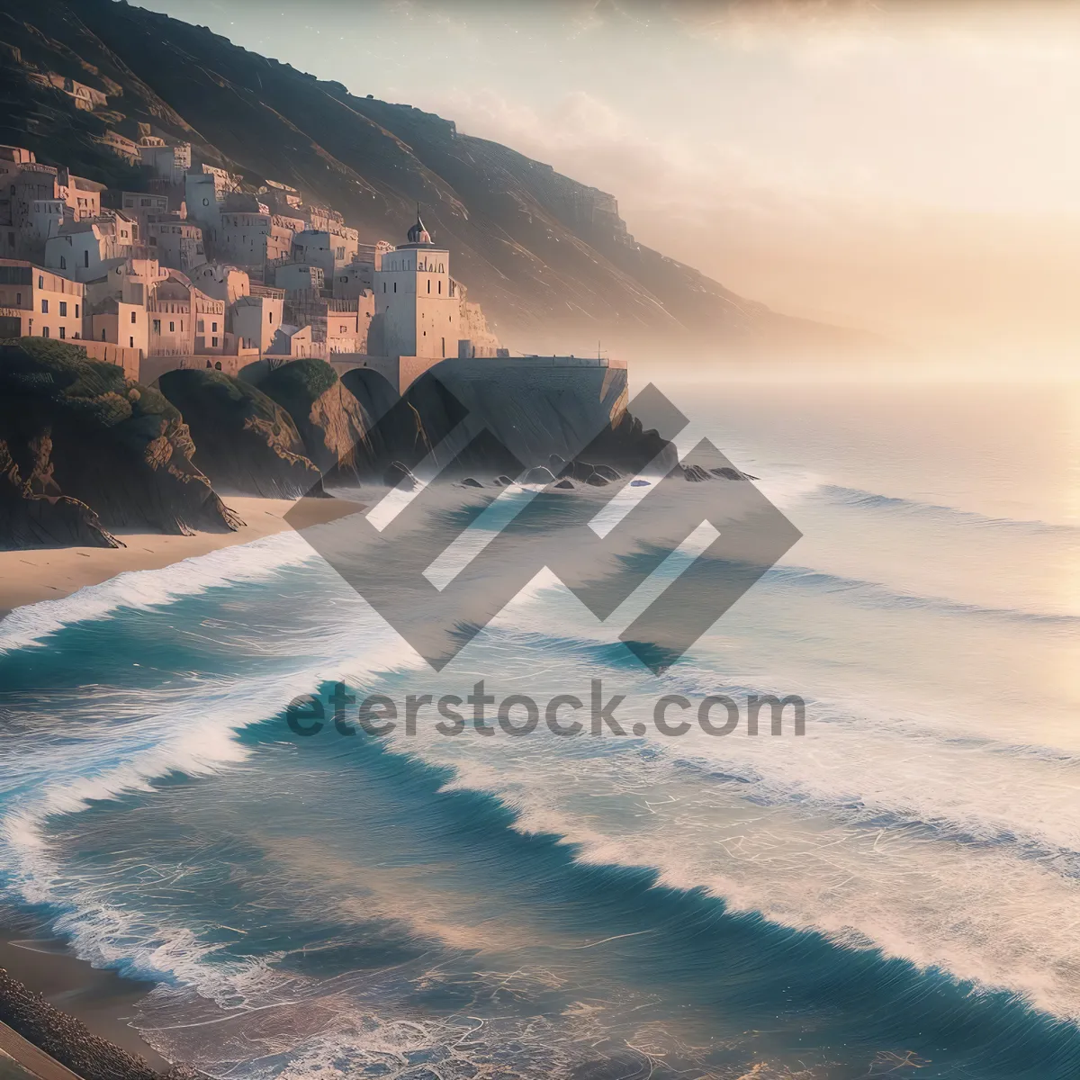 Picture of Tropical Serenity: Beachscape with Majestic Mountains.